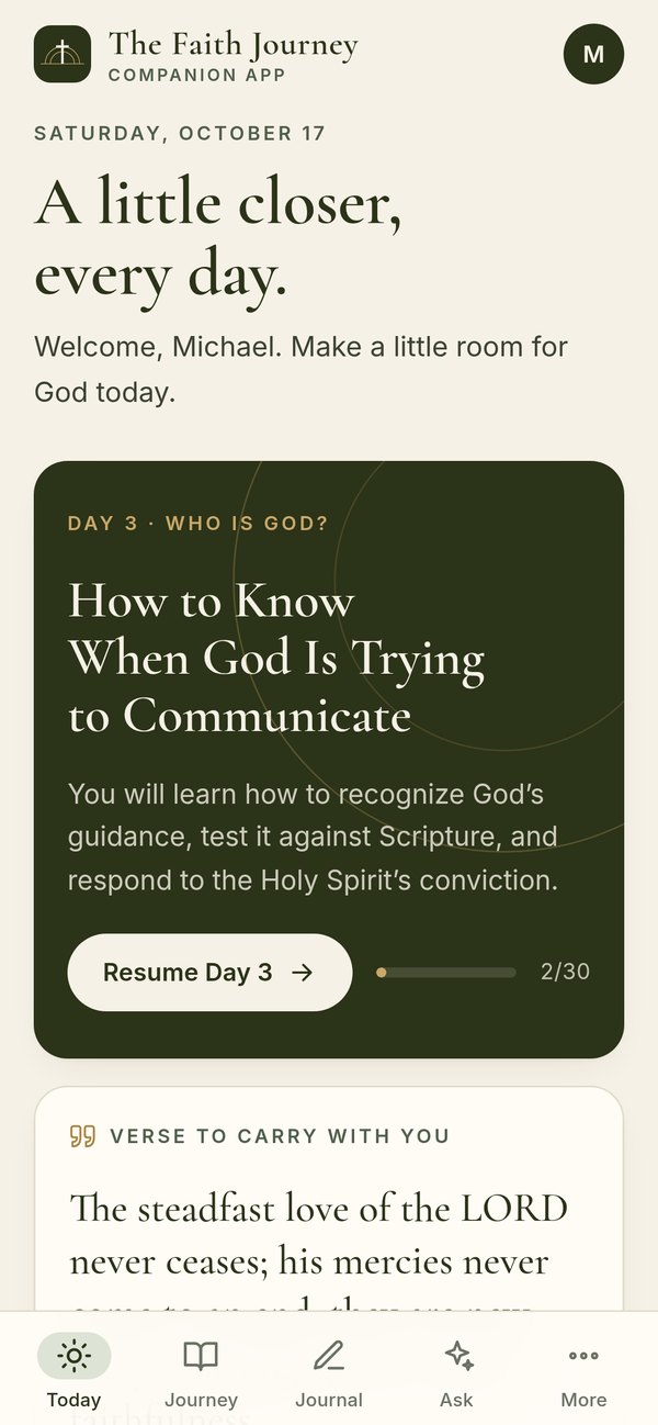 The Today screen of The Faith Journey app